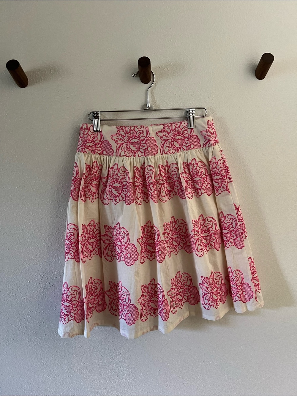 Flying Tomato 100% Cotton Cream Skirt with Pink Floral Embroidery